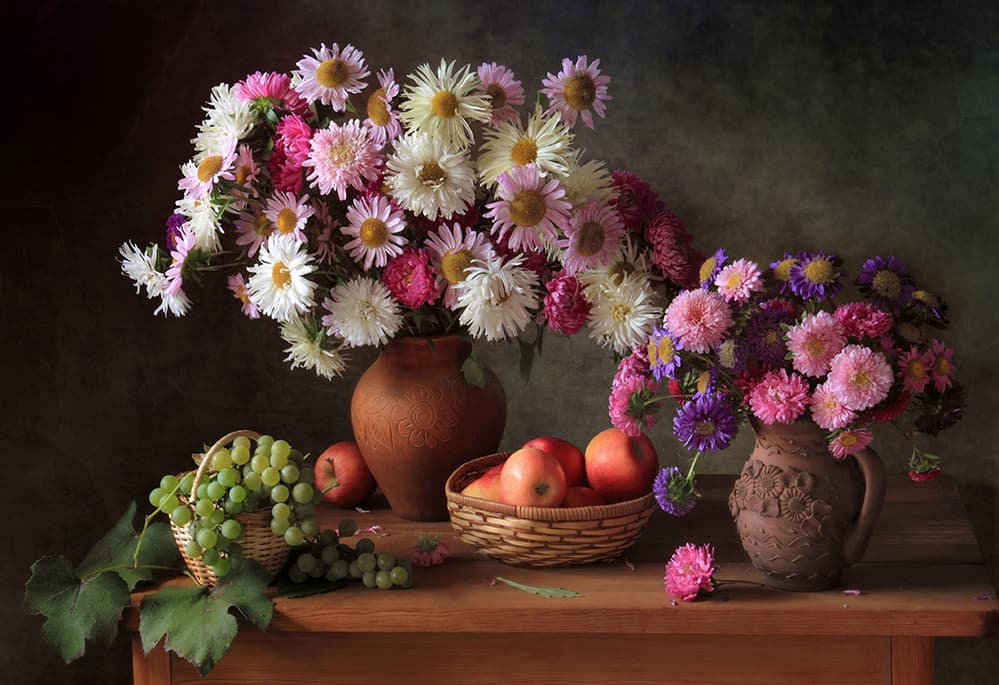 Colorful Asters and Fruit by Tatyana Skorokhod — canvas wall art
