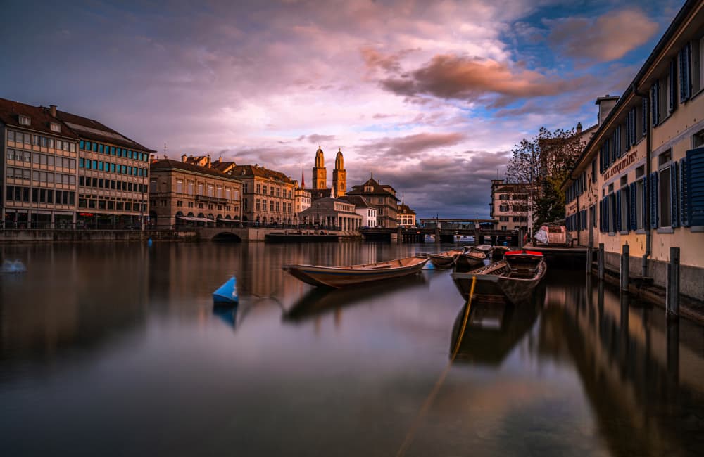 Zurich River Evening Glow by Isam Telhami — canvas wall art