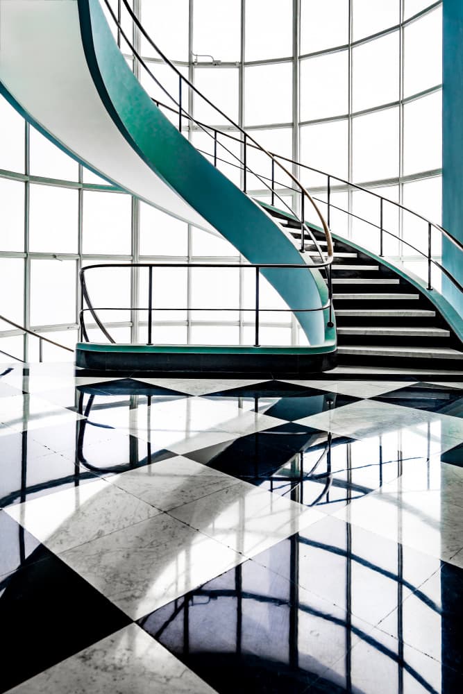 Teal Spiral Staircase Reflection by Linda Wride — canvas wall art