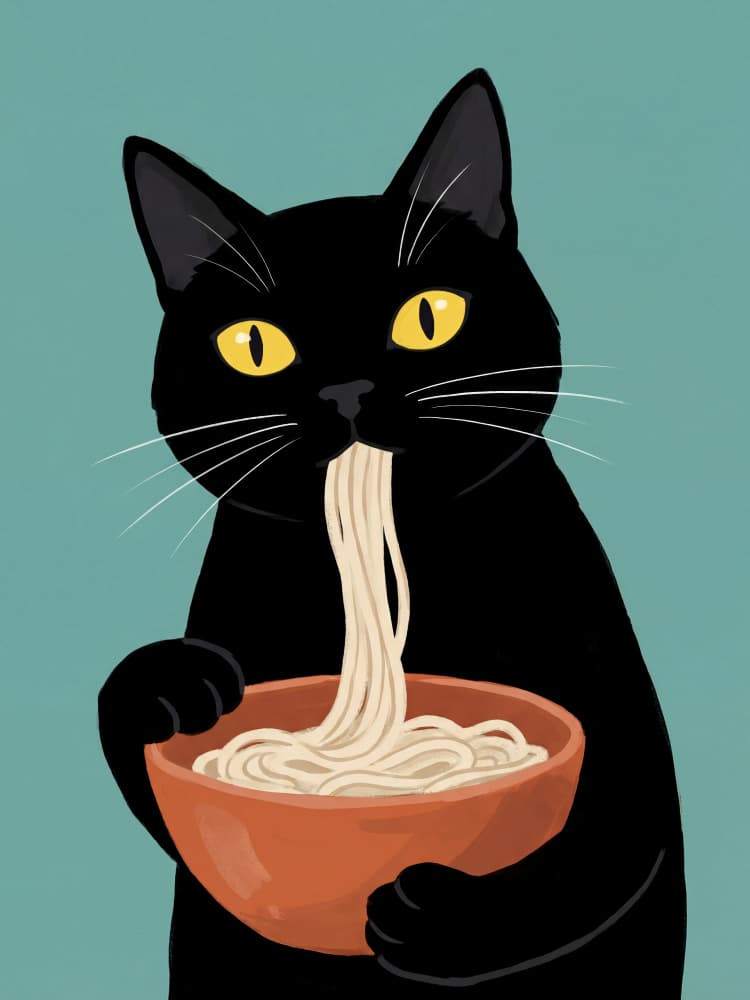 Black Cat Eating Noodles by Andreas Magnusson — canvas wall art