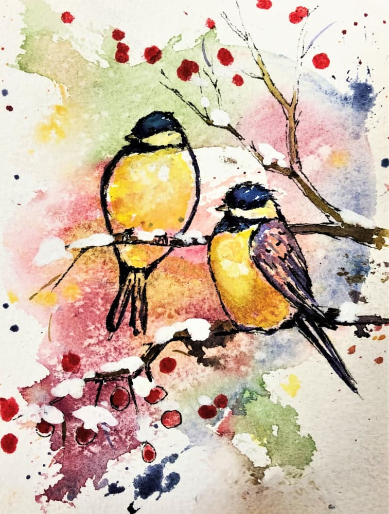 Winter Birds and Berries by Anda Bieza — canvas wall art