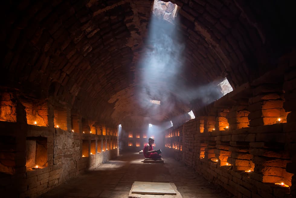 Meditating Monk Light Rays by Gunarto Song — canvas wall art