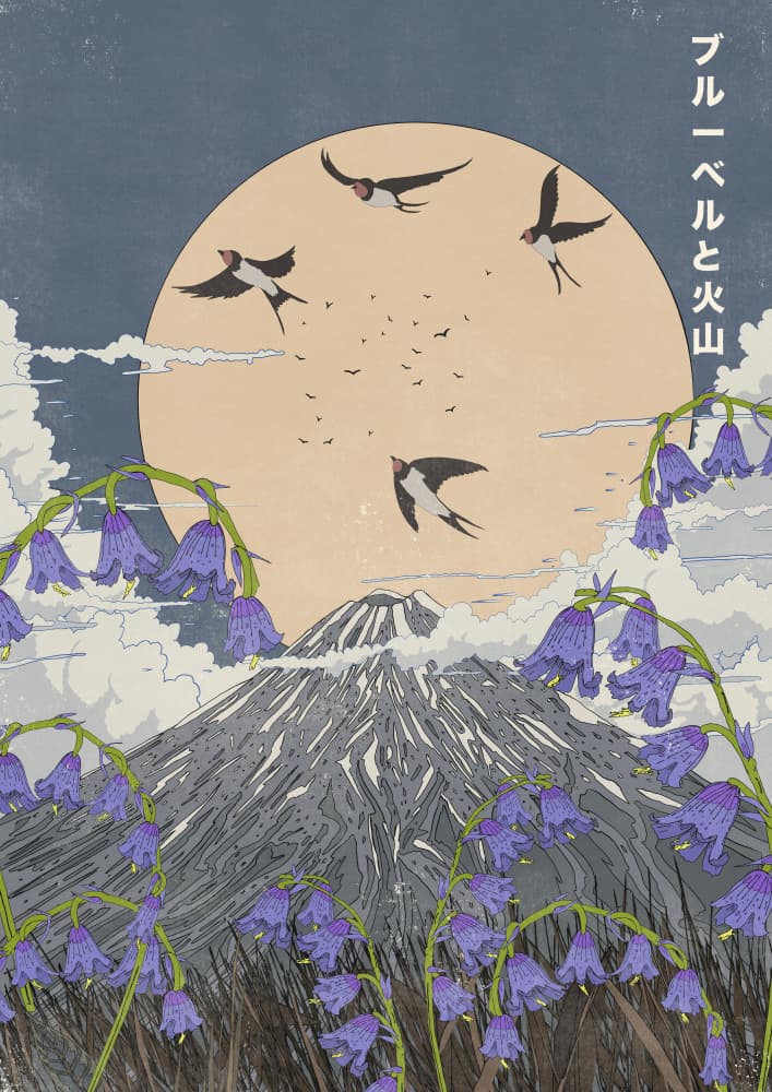 Mount Fuji Bluebell Swallows by Nicholas — canvas wall art