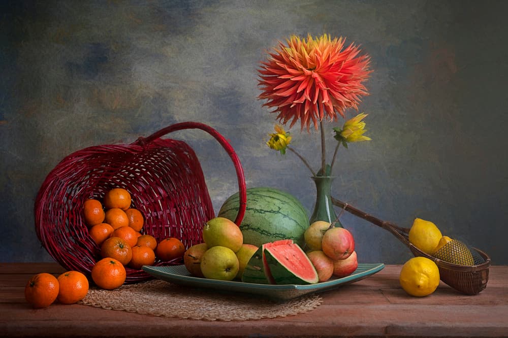 Abundant Fruit and Dahlia by Lydia Jacobs — canvas wall art