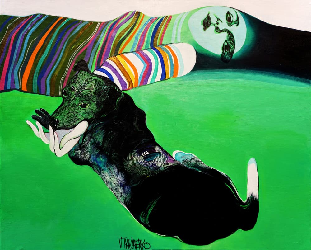 Surreal Dog And Hands by Victor Tkachenko — canvas wall art