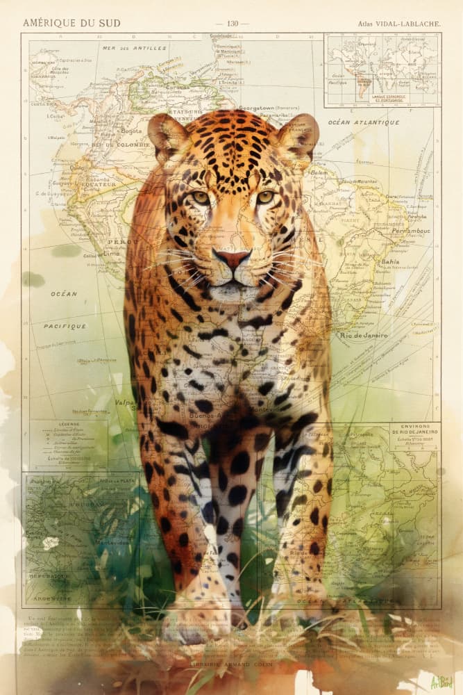 Jaguar On Vintage Map by thomas chedeville — canvas wall art