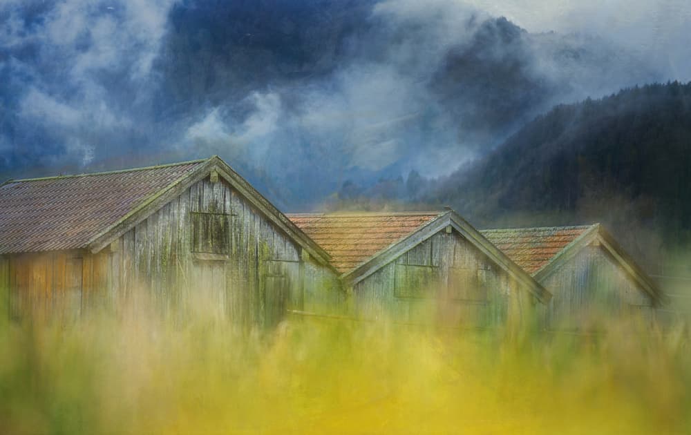 Misty Mountain Cabins by Ulrike Eisenmann — canvas wall art
