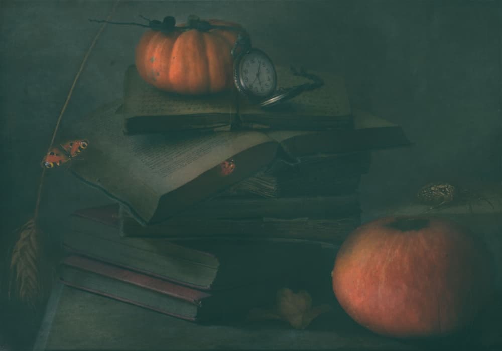 Moody Autumn Books Still Life by Delphine Devos — canvas wall art