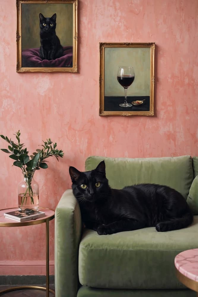 Black Cat On Green Sofa by The Art Concept — canvas wall art