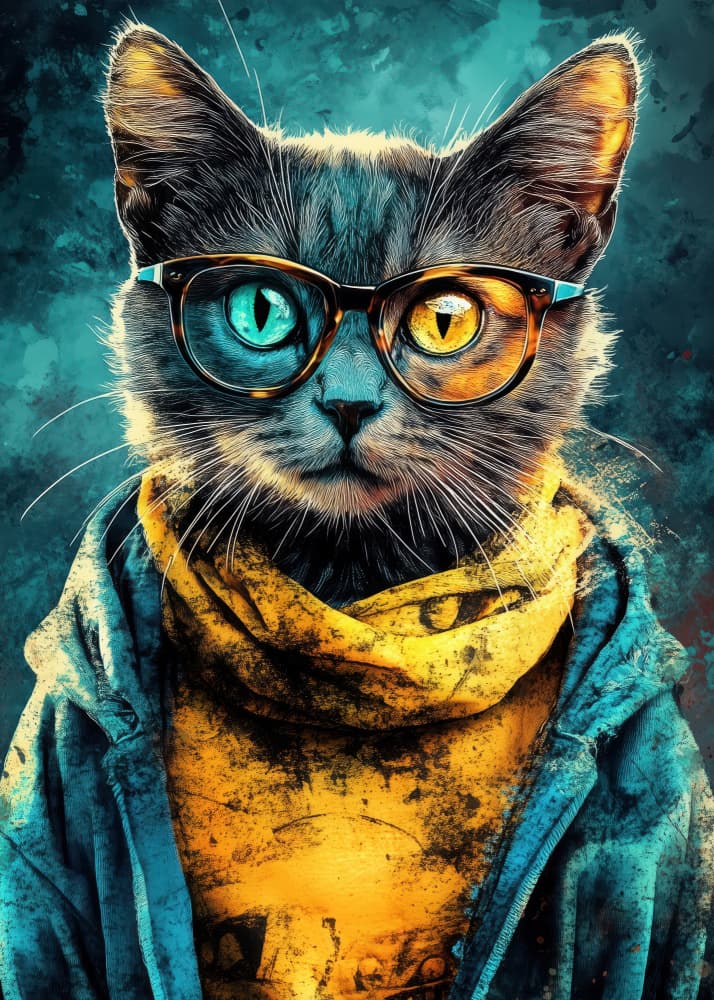 Vibrant Hipster Cat Portrait by Justyna Jaszke — canvas wall art