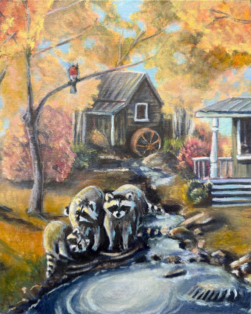 Raccoons in Autumn Stream by Renee Machan Cottagecore Artist — canvas wall art