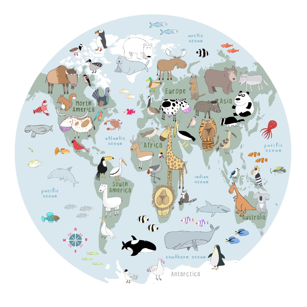 Cartoon Animal World Map by Carla Daly — canvas wall art