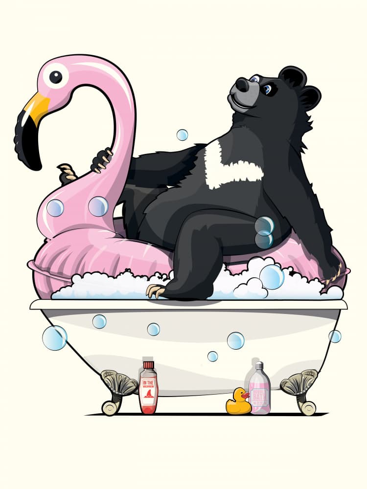 Bear's Relaxing Flamingo Bath by In The Washroom — canvas wall art