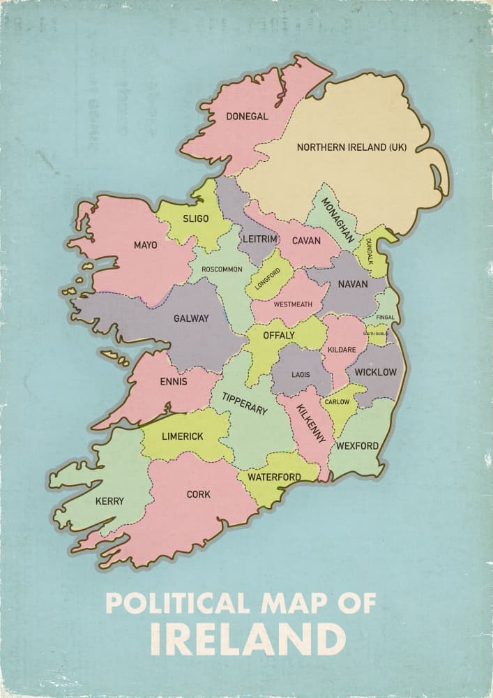 Vintage Ireland Political Map by Nicholas — canvas wall art