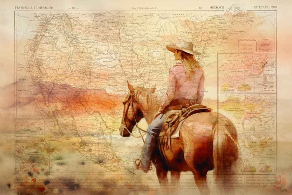 Cowgirl on Vintage Map by thomas chedeville — canvas wall art