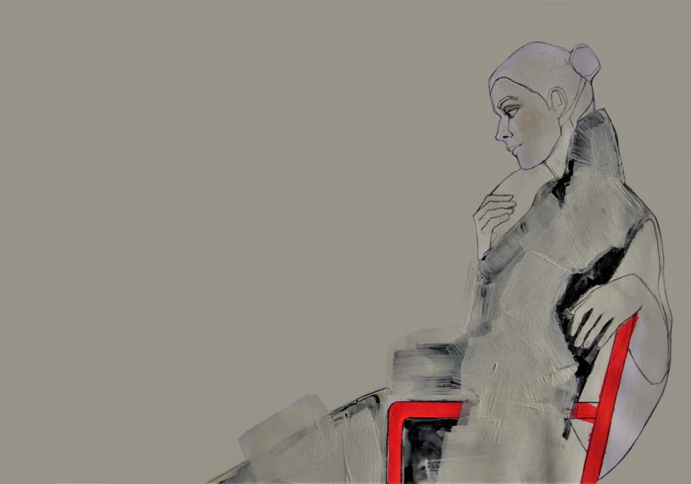 Contemplative Woman in Red by Doris Schmitz — canvas wall art