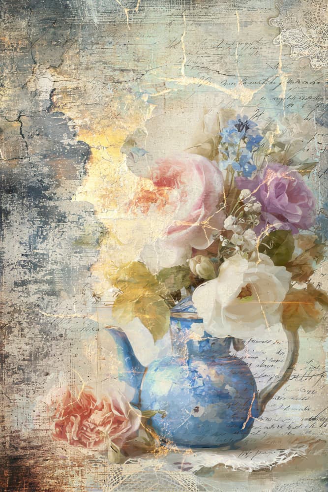 Romantic Vintage Teapot Flowers by Rafal Kulik — canvas wall art