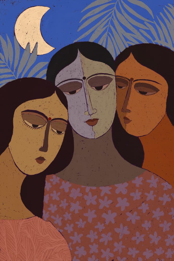 Three Women Under Moon by Treechild — canvas wall art