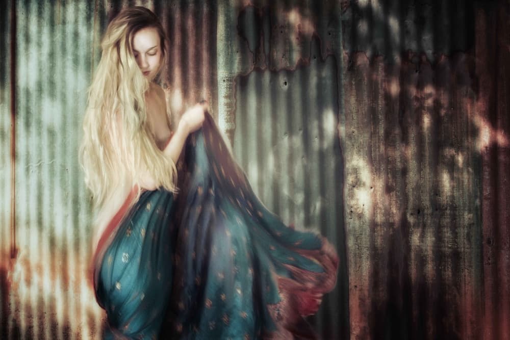 Blonde Woman Flowing Fabric by Charlaine Gerber — canvas wall art