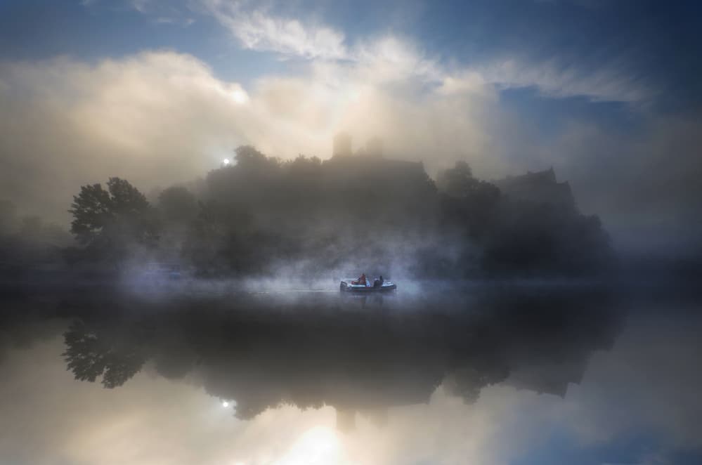 Misty Lake Sunrise Boat by paralaxa — canvas wall art