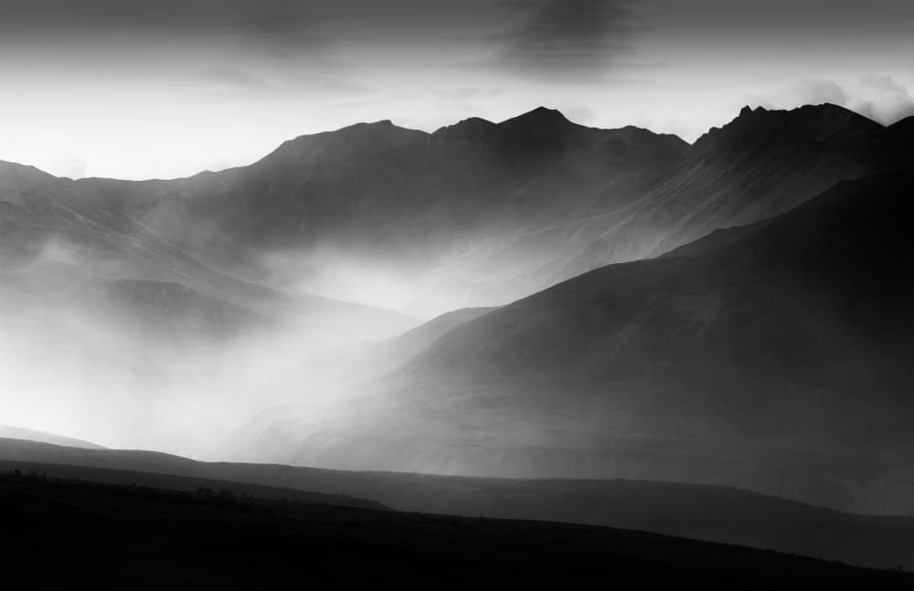 Layered Mountain Mist by Mike He — canvas wall art