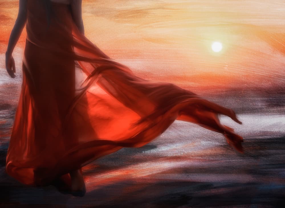 Flowing Red Dress Sunset by Charlaine Gerber — canvas wall art