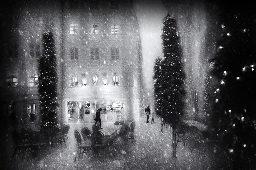 Snowy Christmas City Night by Roswitha Schleicher-Schwarz — canvas wall art