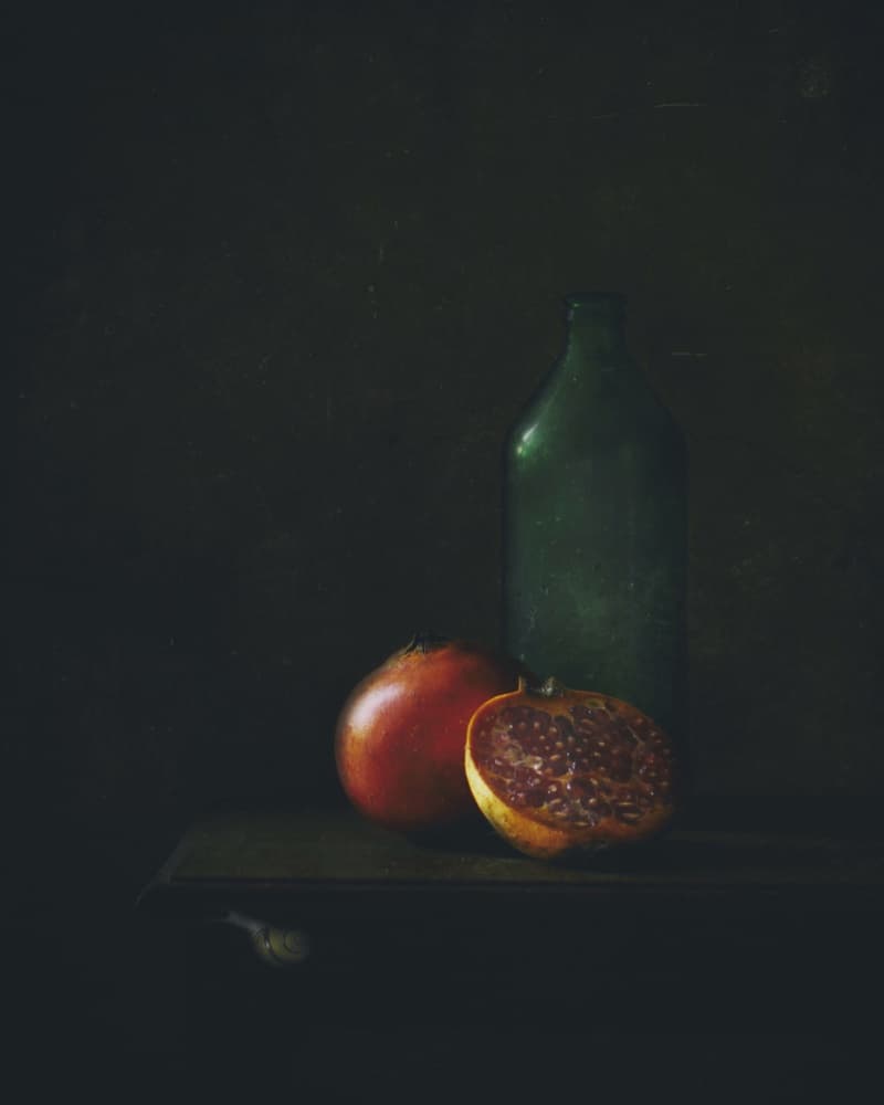 Moody Pomegranate Still Life by Delphine Devos — canvas wall art