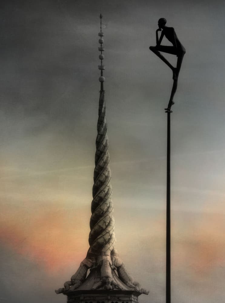 Spire And Contemplative Figure by Lotte Grønkjær — canvas wall art