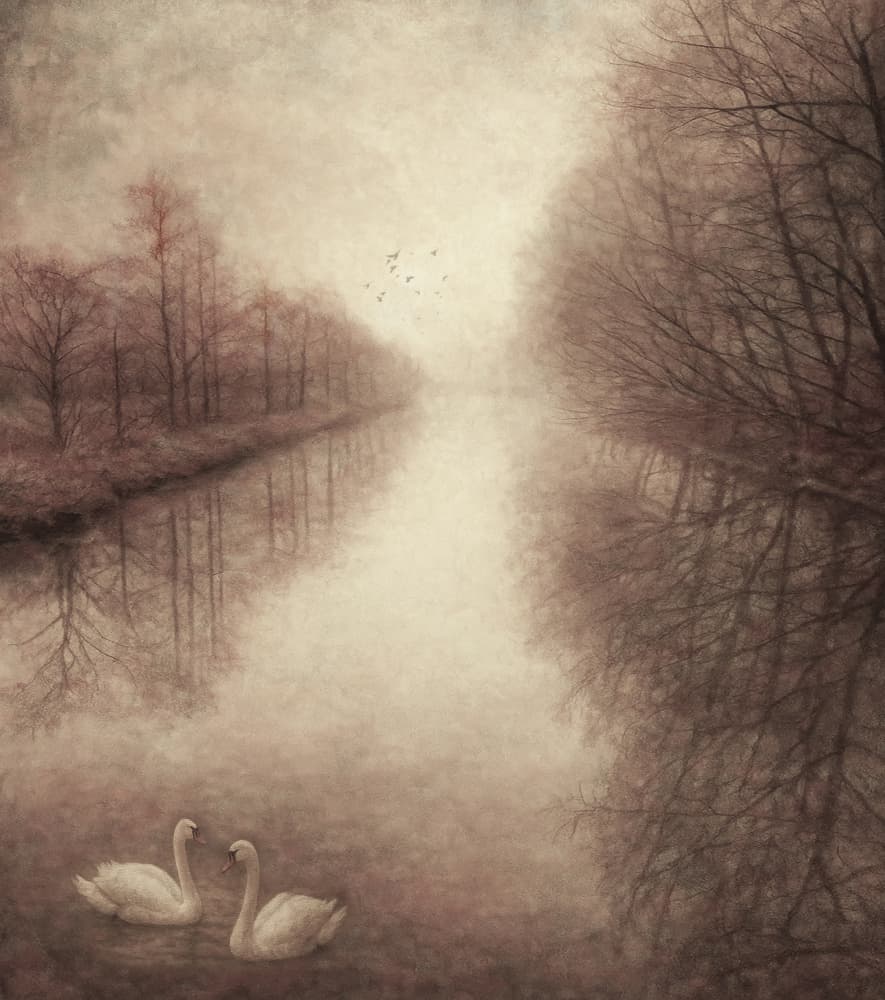 Misty River Swans by Yvette Depaepe — canvas wall art