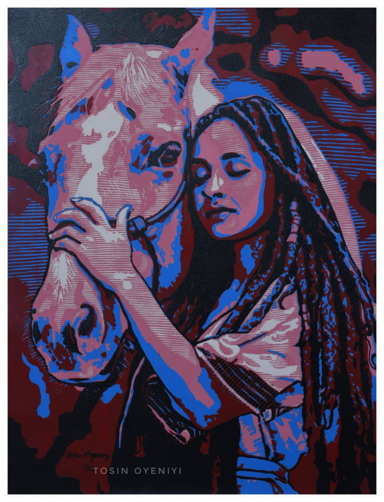 Woman and Horse Embrace by Tosin Oyeniyi — canvas wall art