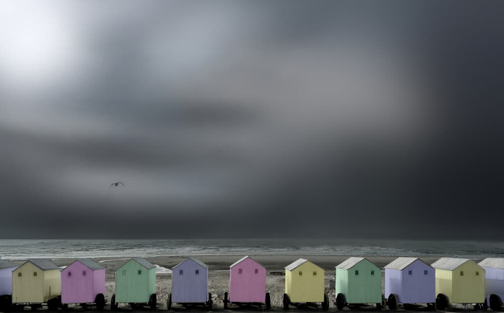 Pastel Beach Huts Moody Sky by Yvette Depaepe — canvas wall art