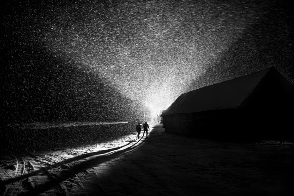 Snowy Night Walk by Waldemar Szmidt — canvas wall art