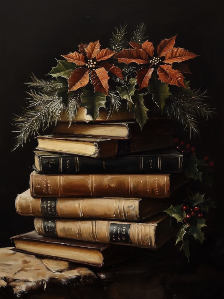 Christmas Books and Poinsettias by Jolly and Dash — canvas wall art