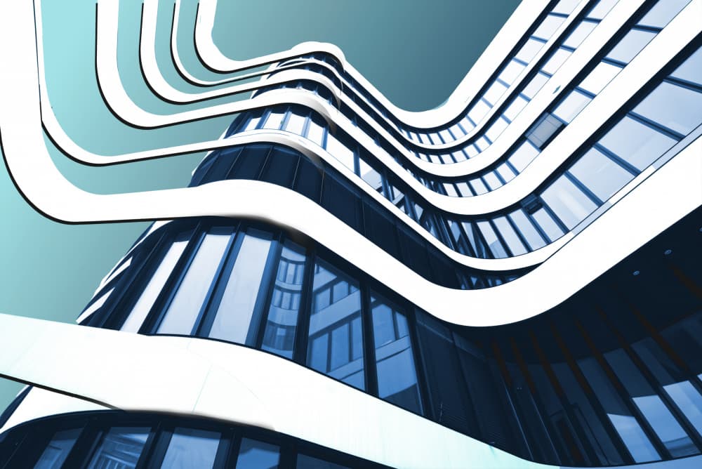 Sleek Blue Building Curves by Erhard Batzdorf — canvas wall art