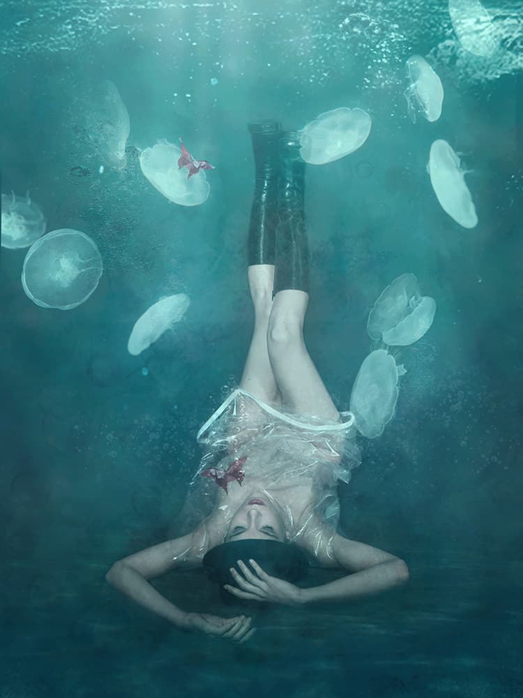Floating Woman Among Jellyfish by miriana — canvas wall art