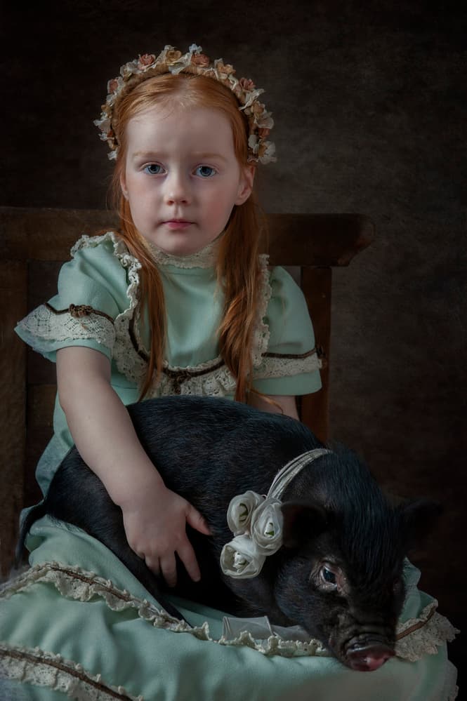 Vintage Girl and Piglet by Monika Vanhercke — canvas wall art