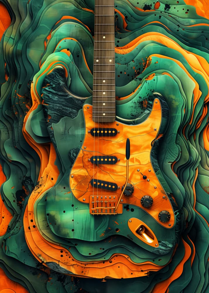 Vibrant Layered Guitar by Justyna Jaszke — canvas wall art
