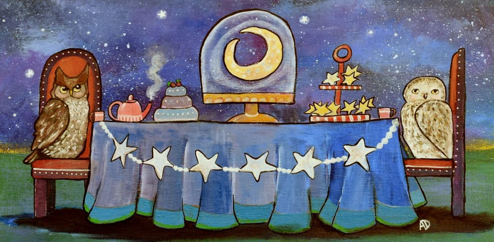 Owls' Celestial Tea Party by Andrea Doss — canvas wall art