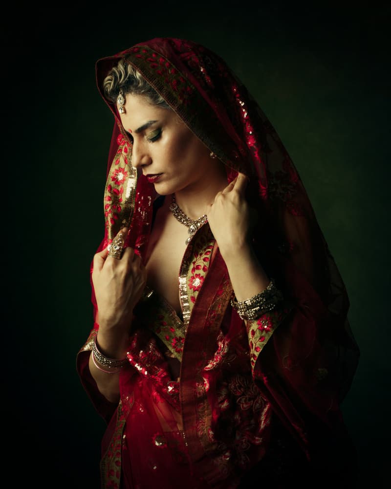Elegant Indian Saree Portrait by Mehdi Mokhtari — canvas wall art