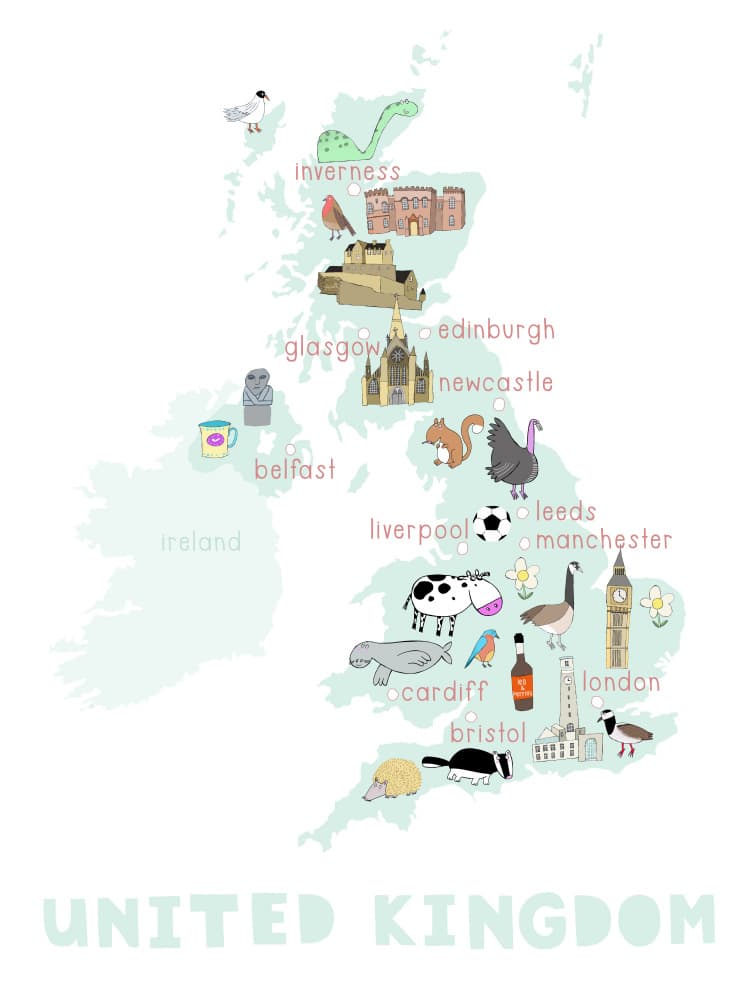 United Kingdom Illustrated Map by Carla Daly — canvas wall art