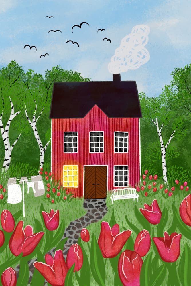 Red House Tulip Garden by EMELIEmaria — canvas wall art