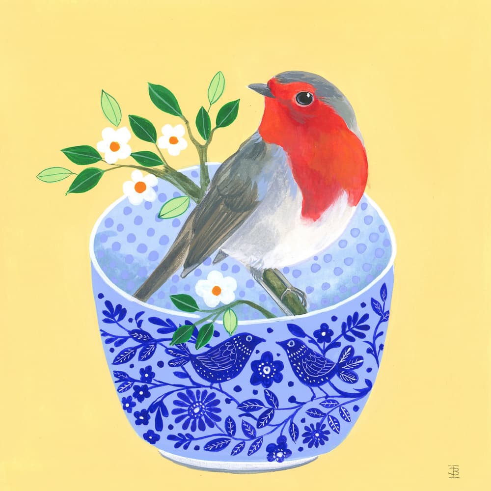 Robin and Blue Bowl by Isabelle Brent — canvas wall art
