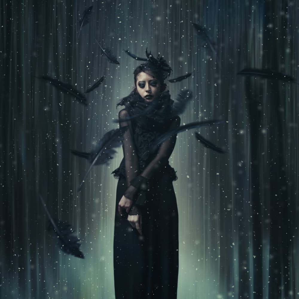 Mysterious Woman Black Feathers by hardibudi — canvas wall art