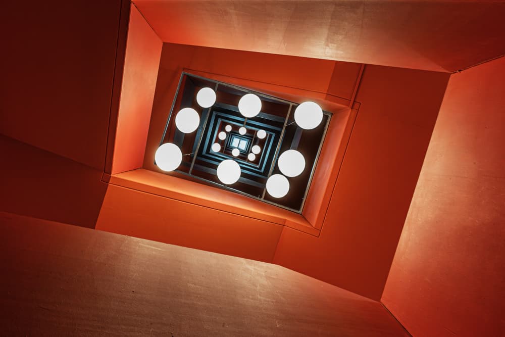 Architectural Orange Stairwell by fotomarion — canvas wall art