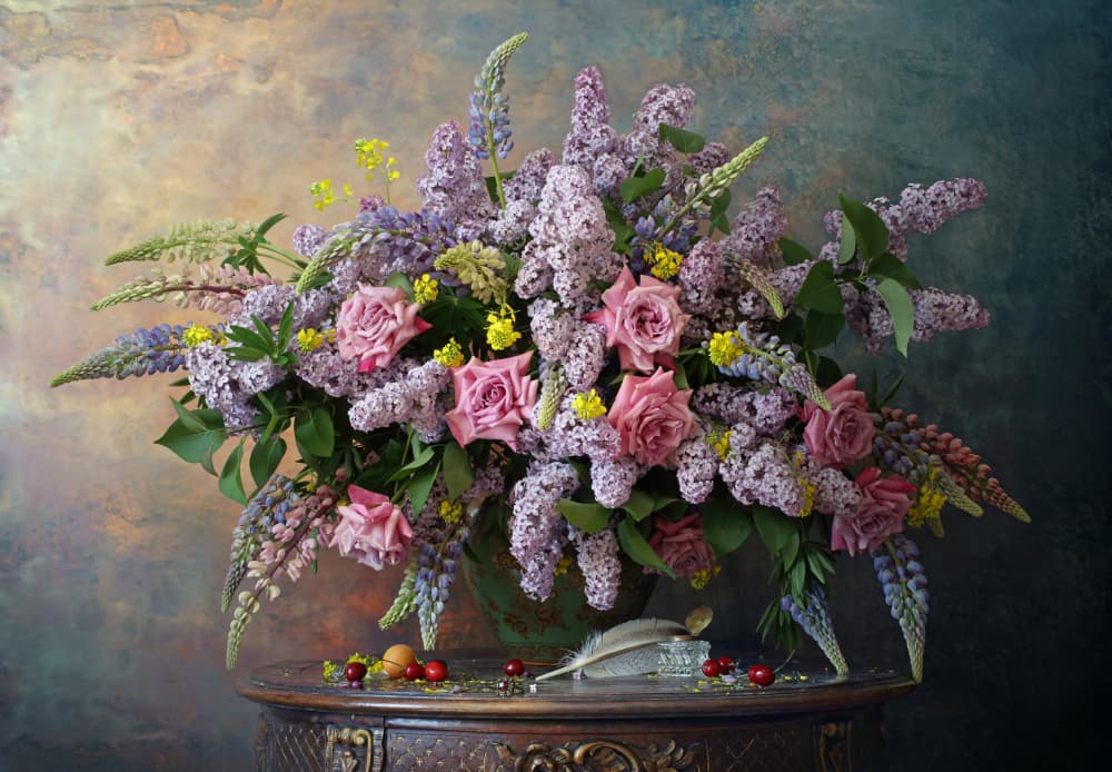 Roses and Lilac Still Life by Andrey Morozov — canvas wall art