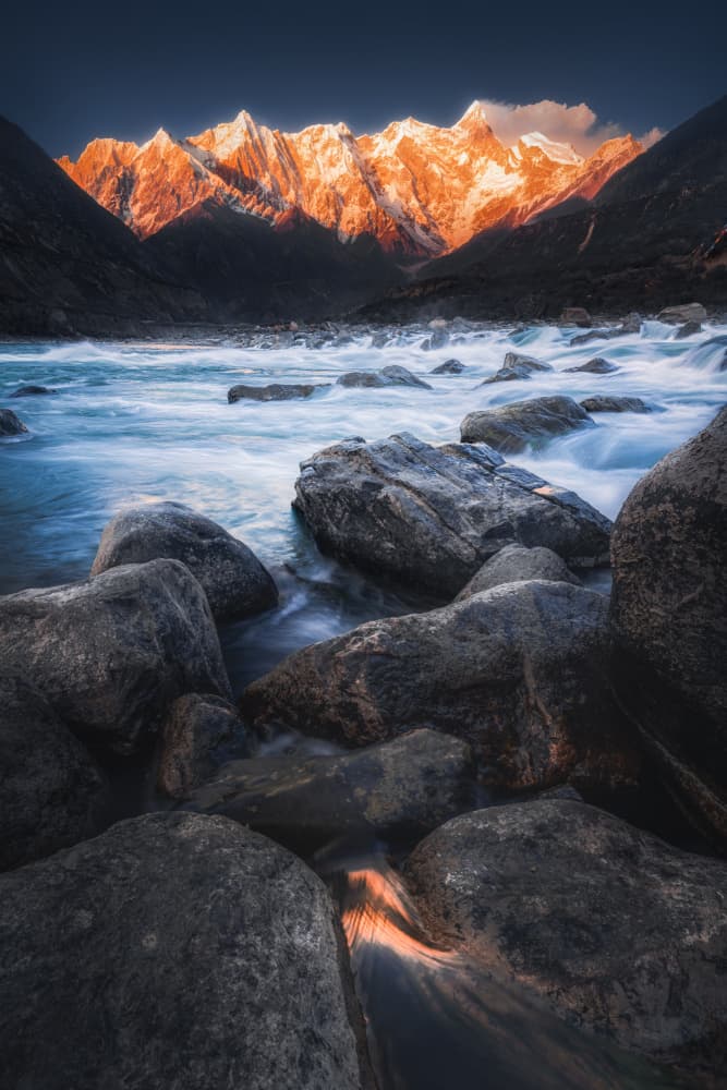 Golden Peaks River Flow by Yuan Cui — canvas wall art