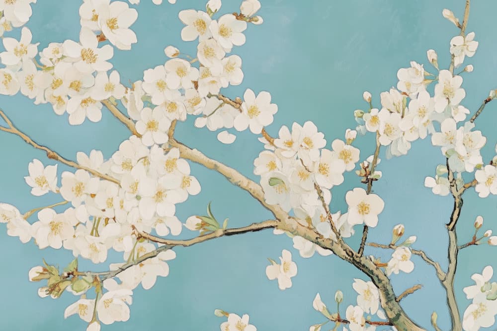 White Blossoms Blue Sky by Melloi Art Prints — canvas wall art