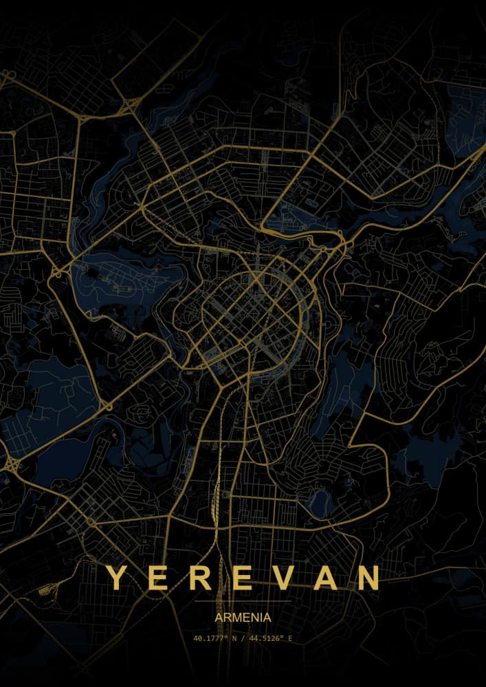 Golden Yerevan City Map by HUGO — canvas wall art