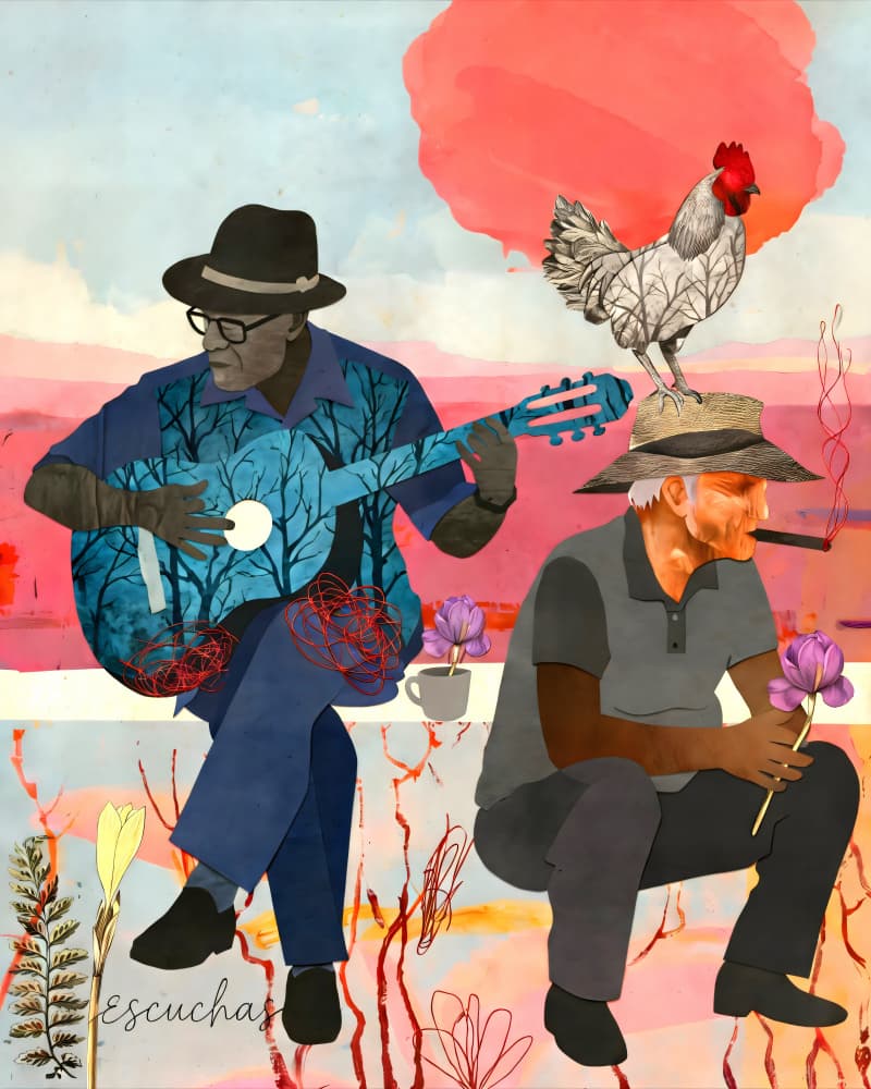 Cuban Men Musical Rooster by Uma Gokhale — canvas wall art